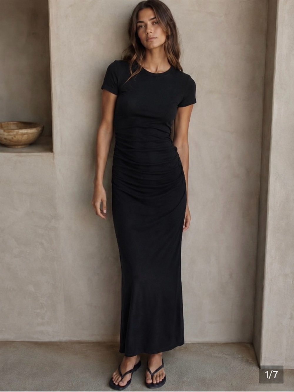 James Perse Ruched T-Shirt Maxi Dress Black Minimalist Bodycon Knit Size Medium